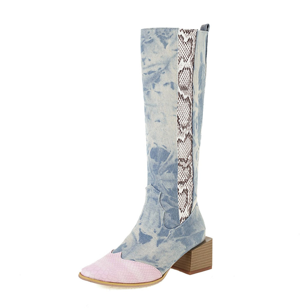 Women’s Color-Block Knee-High Western Boots-60040